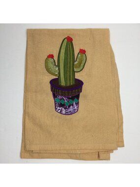 Handmade Embroidered Cactus Kitchen Hand Towel Cotton Beige Applique